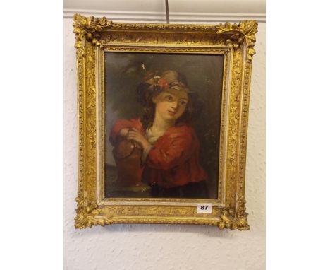 LATE 19TH CENTURY CONTINENTAL SCHOOL OIL ON BOARD UNSIGNED OF A PEASANT GIRL WITH HAT AND RED BLOUSE IN GILT FRAME 23CM X 28.