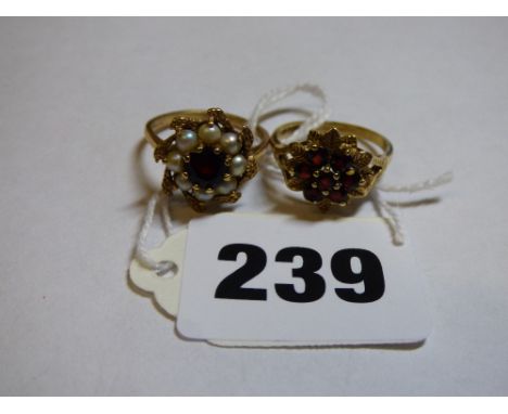 TWO 9CT GOLD RINGS -RUBY AND RUBY AND SEED PEARL CLUSTER STYLE N/O 6.1G APPROX