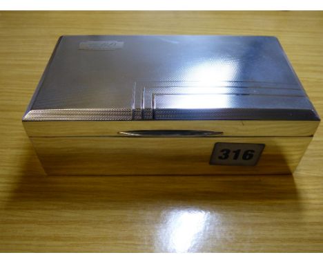 HM BIRMINGHAM SILVER RECTANGULAR TABLE CIGARETTE BOX WITH ENGINE TURNED DECORATION AND AND ENGRAVED WITH MONOGRAM  
