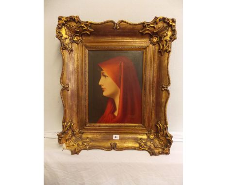 20TH CENTURY CONTINENTAL SCHOOL NIEVEAT OIL ON CANVAS PORTRAIT STUDY OF A LADY IN A RED SHAWL IN SWEPT GILT FRAME 29CM X 40CM