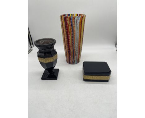 Cenedese Murano Glass Vase, Moser Karlsbad Amethyst Glass Foot Vase and Trinket / Jewellery Box. 