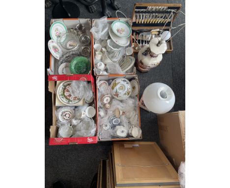 Collection of assorted china to include Wedgewood, Royal Worcester, along with cutlery set, Masons lamp, and oil lamp.