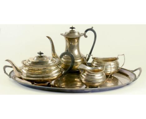 A GEORGE V SILVER FOUR PIECE TEA AND COFFEE SERVICE, SHEFFIELD 1926 AND 1928, 60OZS GROSS AND AN EPNS OVAL TEA TRAY