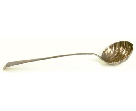 A GEORGE III SILVER SOUP LADLE, OLD ENGLISH PATTERN WITH FLAT CHASED SHELL BOWL, LONDON 1765, 4OZS