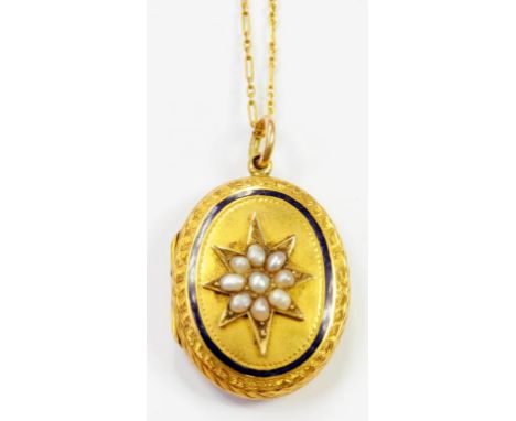 A VICTORIAN GOLD, ENAMEL AND SPLIT PEARL LOCKET ON A FINE NECKLET, 10.8G GROSS