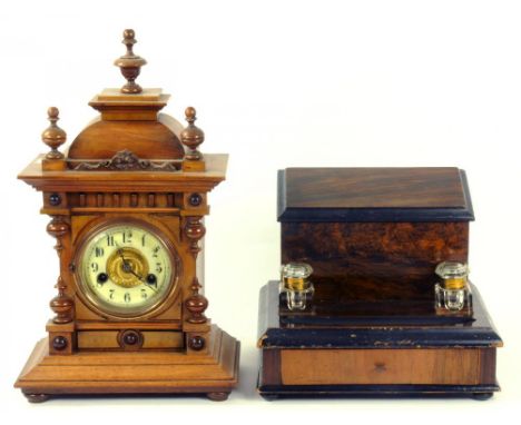 A GERMAN WALNUT MANTLE CLOCK AND A VICTORIAN GRAINED ROSEWOOD INKSTAND, BOTH LATE 19TH CENTURY