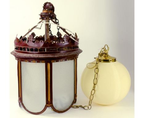 A MAROON AND RED PAINTED SHEET METAL HALL LANTERN, A DUTCH STYLE BRASS CHANDELIER AND ANOTHER LIGHT