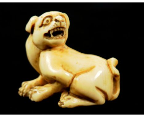 A JAPANESE IVORY NETSUKE OF A DOG, SIGNED, LATE 19TH/EARLY 20TH CENTURY