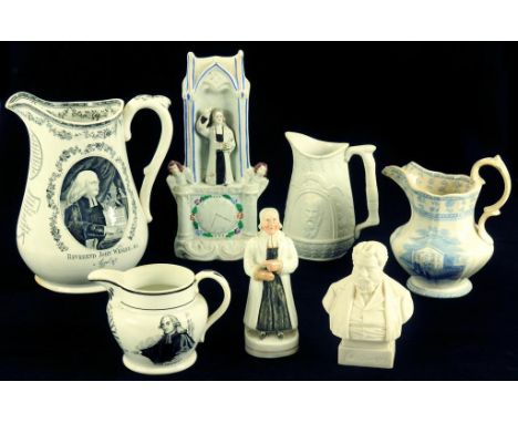 JOHN WESLEY AND METHODISM - A SMALL GROUP OF 19TH CENTURY COMMEMORATIVE POTTERY, INCLUDING A WHITE EARTHENWARE JUG WITH BLACK