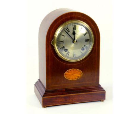 AN EDWARDIAN INLAID MAHOGANY MANTLE CLOCK, THE SILVERED DIAL INSCRIBED W. D. COOPER 235 BROMPTON RD