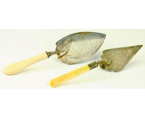 A GEORGE V SILVER PRESENTATION TROWEL, LONDON 1923 AND A CONTEMPORARY IVORY HAFTED EPNS PRESENTATION TROWEL