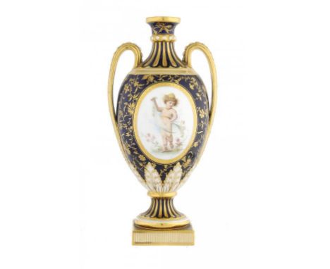 A MINTONS VASE, C1900 painted by A Boullemier, signed, with an oval medallion of a child, 30cm h, printed mark ++ Descending 