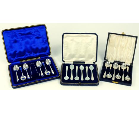 A SET OF SIX GEORGE V SILVER COFFEE SPOONS AND PAIR OF SUGAR BOWS, SHEFFIELD 1915, CASED, A SET OF SIX SILVER COFFEE SPOONS, 