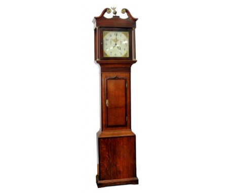 AN EARLY VICTORIAN OAK THIRTY HOUR LONGCASE CLOCK, THE PAINTED DIAL INSCRIBED GREEN GRANTHAM IN CROSSBANDED CASE