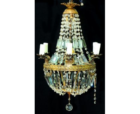 A GLASS AND BRASS CASCADE CHANDELIER