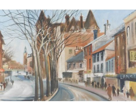 David Poole (1936-1995). Figures in street scene, oil on board, signed,  41cm x 59cm.