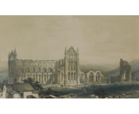 G. Hawkins after W. Richardson. Whitby Abbey from the North East, coloured lithograph, with personal inscription to brass pla