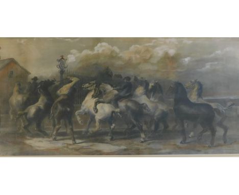 After Rosa Bonheur. Horse rustlers, lithograph, later coloured, 39cm x 83cm.