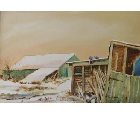David Poole. Outbuilding of Racecourse Farm, Woodside Road in the snow, oil on board, signed, titled and dated Feb 1972 verso