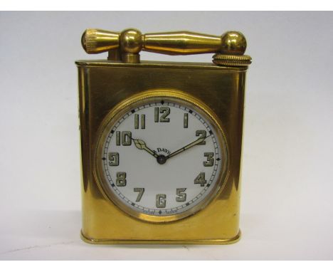 An early 20th Century gilt brass desk timepiece/table lighter, Arabic enamelled dial, 8 day movement, back hinge missing, 10c