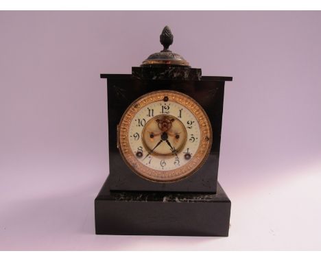 A late Victorian slate mantel clock with Arabic enamelled dial with visible Brocot escapement, 8 day Ansonia striking movemen