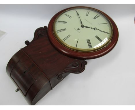 An early 19th Century mahogany cased 12'' drop dial wall clock, painted metal Roman dial signed J W Enock, Warwick, chain fus