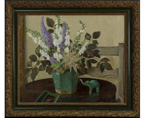 JAMES WRIGHT (SCOTTISH 1885 - 1947), STILL LIFE WITH A MODEL ELEPHANT oil on board, signed image size 49cm x 59cm, overall si