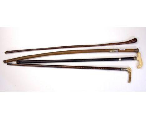 A 19th Century ivory handled walking stick and three others.