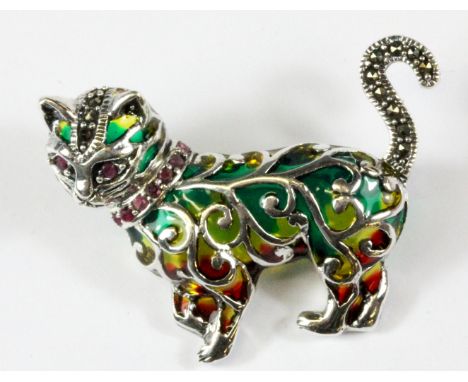 A 925 silver and marcasite enamelled ruby set cat shaped brooch, 4.5 x 3cm.