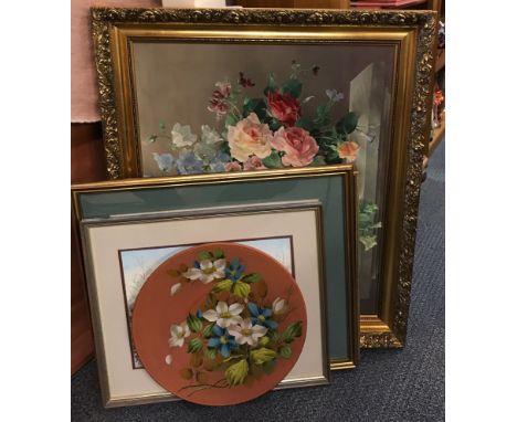 A gilt framed oil finished print, an oil painting, two watercolours and a painted plate.