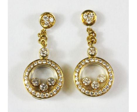 A pair of Chopard 18ct yellow gold diamond set drop earrings, L. 2.5cm.