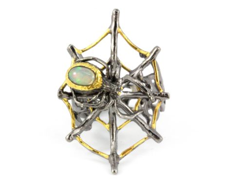 A Hanna Maae designer 925 silver gilt opal set ring shaped as a spider on its web, (O).