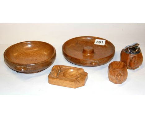 Five carved oak Mouseman (Robert Thompson of Kilburn) items.