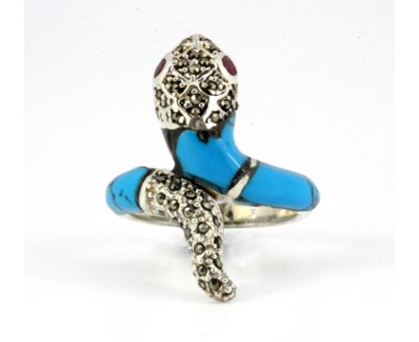 A 925 silver turquoise and ruby set snake shaped ring, (P.5).
