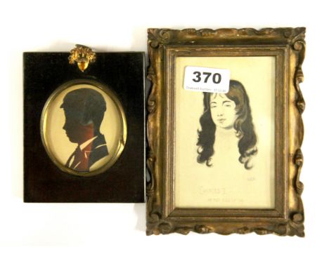 A framed sketch of King Charles II as a boy and a framed silhouette, 18cm x 13cm.