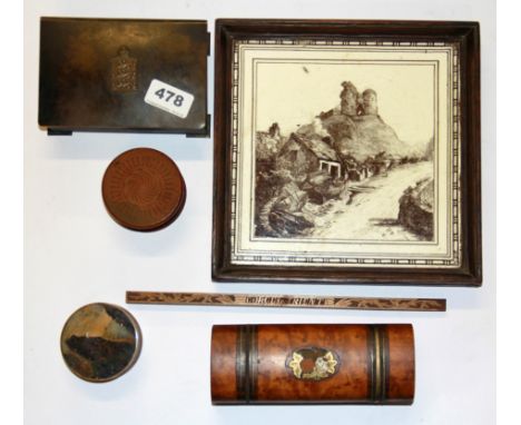 A framed ceramic tile and four interesting antique boxes and ruler.