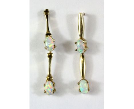 A pair of 9ct yellow gold opal set drop earrings, L. 3cm.