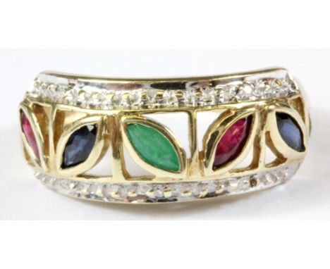 A yellow metal (tested 9ct gold) ring set with ruby, sapphire, emerald and diamonds, (I.5).