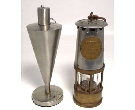 A brass miners lamp "The Protector" and a retro brushed steel oil/paraffin lamp (2).