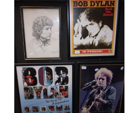 A pencil sketch of Bob Dylan signed N. Klldy '79, 34.5 x 24.5cm, framed and glazed, together with three framed and glazed pos