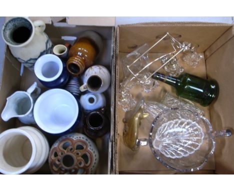 A quantity of ceramics and glassware to include a Crown Ducal cream ribbed vase, a Portmeirion parian ware jug, studio potter