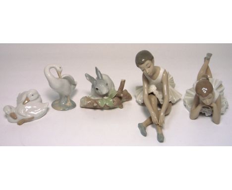 A Lladro figurine of a rabbit, a Lladro figurine of a goose, two Nao figurines of ballerinas and a further Nao figurine (5). 