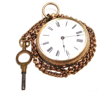 A 10ct gold open face key wind pocket watch, the white enamel dial set with Roman numerals, inside the case bearing the maker