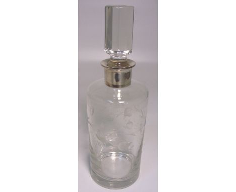 A crystal and etched decanter with a silver collar marked 925 sterling, height 30cm.