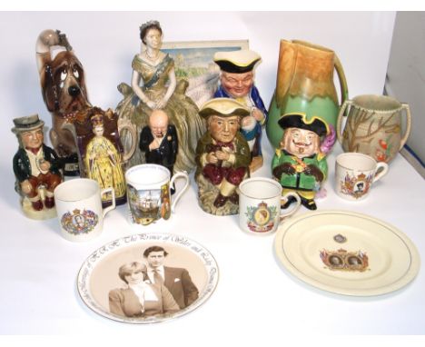 Five assorted ceramic character jugs, a small quantity of Royal memorabilia, a Sylvac vase and a plaster figure of Winston Ch