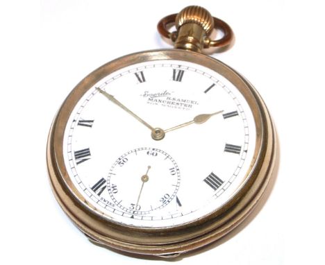 A 20th century gold plated open face pocket watch, white enamel dial set with Roman numerals and bearing the inscription "Eve