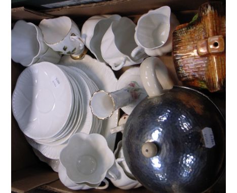 A Shelley six place tea service to include plates, cups, saucers, sugar bowl, milk jug and a Royal Albert plate "Roses, June"