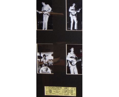 Four black and white images of The Beatles together with a copy of a ticket for the Olympia Stadium Detroit, August 13th 1966