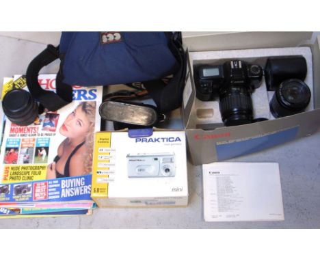 A  boxed Canon EOS 1000 twin lens kit, together with an additional Sigma 24/50 wide angle zoom lens, a Pal Junior compact cam