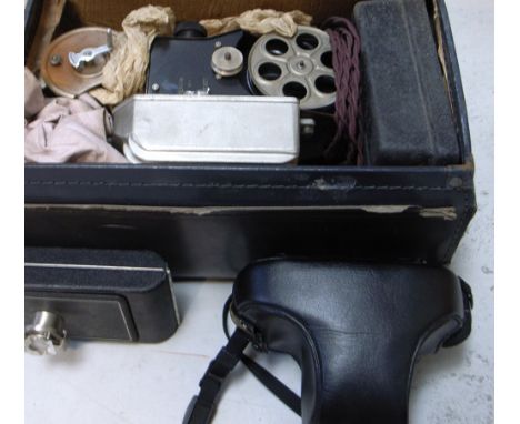 A vintage Pathescope 9.5mm cine projector, Minolta X-300 SLR camera with case and a folding Kodak camera (3).